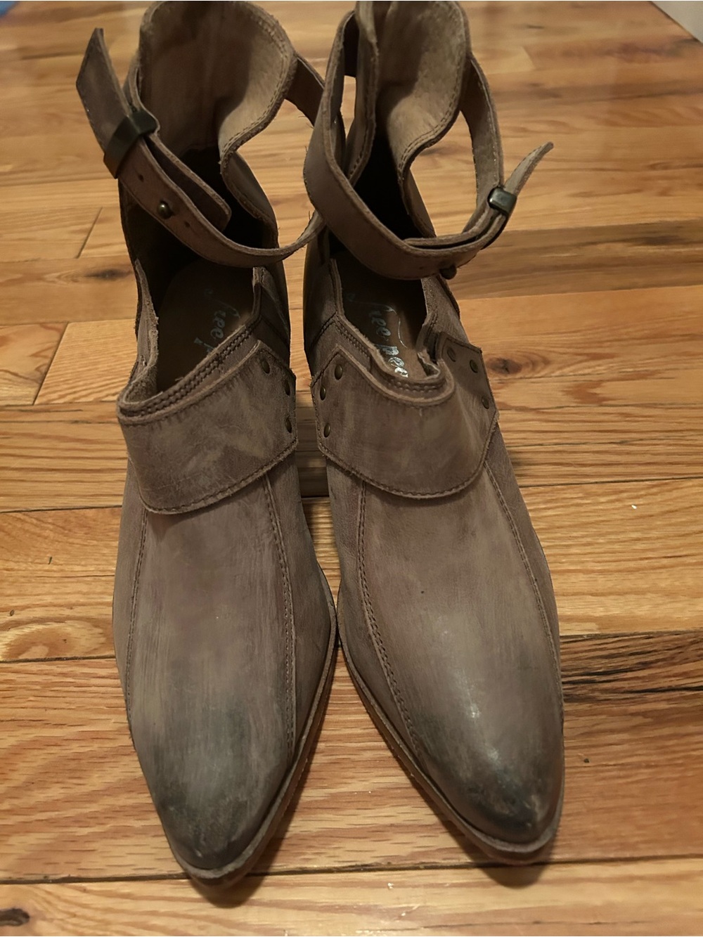Free People Tan Leather Pointed Ankle Boots with Strap